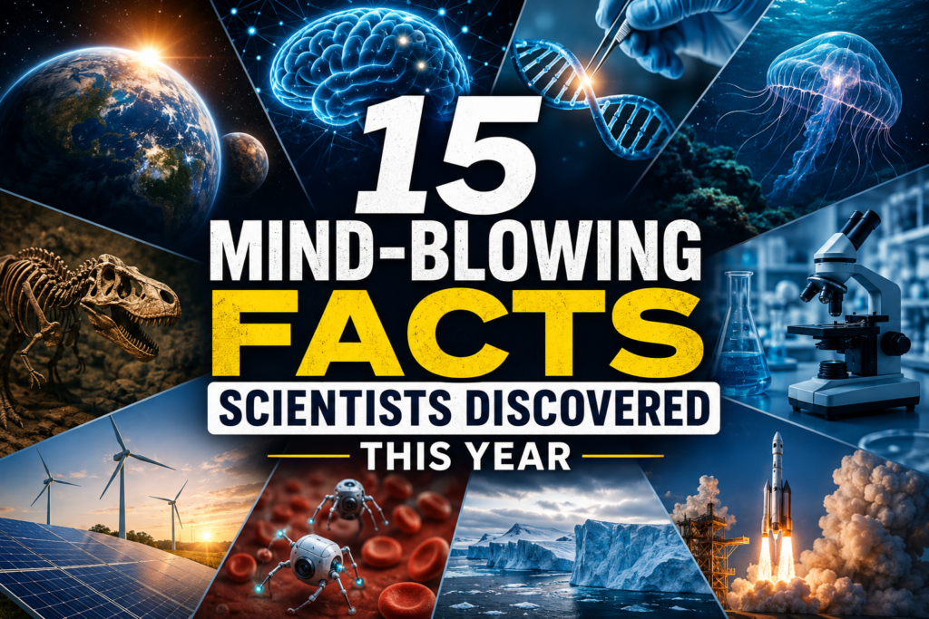 šĀ Scientists Just Changed What We Know About the Universeā15 Incredible Discoveries A colorful science-themed collage featuring Earth from space, a glowing human brain, DNA strands, a laboratory microscope, dinosaur fossils, renewable energy, microscopic medical robots, melting glaciers, deep-sea life, and a rocket launch. Large bold text in the center reads "15 Mind-Blowing Facts Scientists Discovered This Year," highlighting major scientific breakthroughs in space, medicine, climate, and technology.