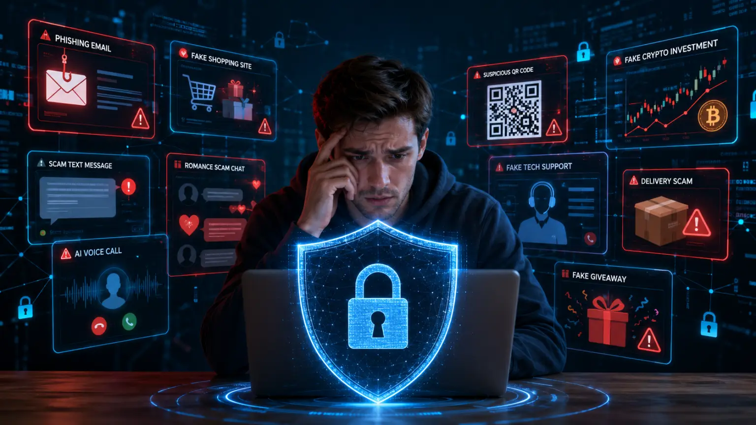 12 Common Online Scams You Should Never Fall For (2026 Guide to Staying Safe Online) "Illustration of a laptop displaying phishing emails, fake shopping websites, QR code scams, and cybersecurity warning icons."