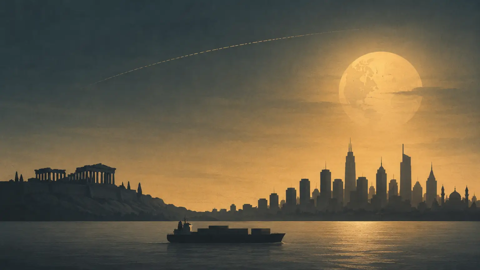 "Editorial illustration symbolizing global tension — a muted globe over a distant skyline, classical columns, and a cargo ship silhouette, representing today's world news roundup."