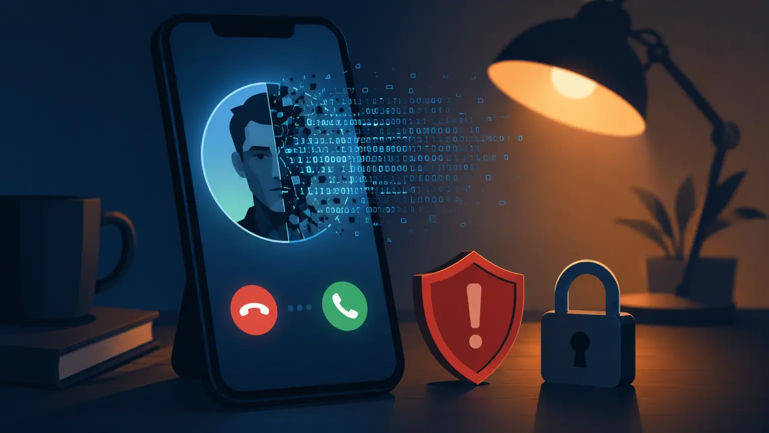 "Illustration representing an AI-powered scam call or message on a smartphone"