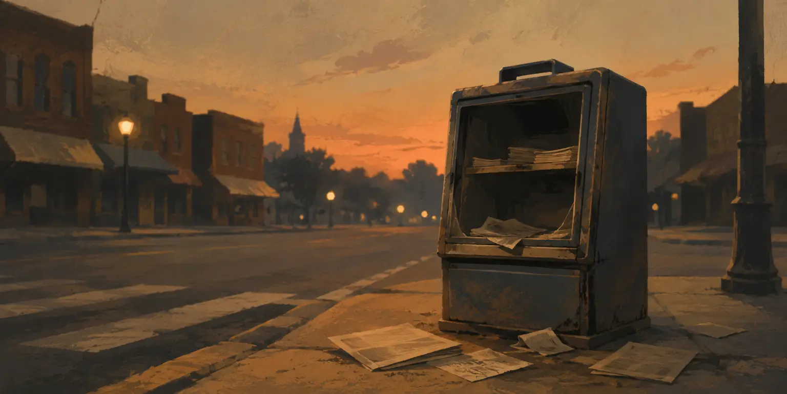 An empty small-town newsstand at dusk, symbolizing the disappearance of local newspapers