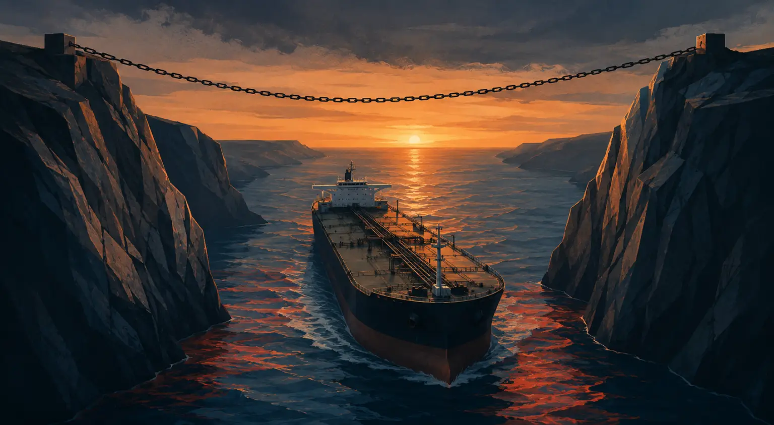 Illustration of an oil tanker passing through a narrow strait beneath a symbolic blockade line, representing the widening Middle East conflict