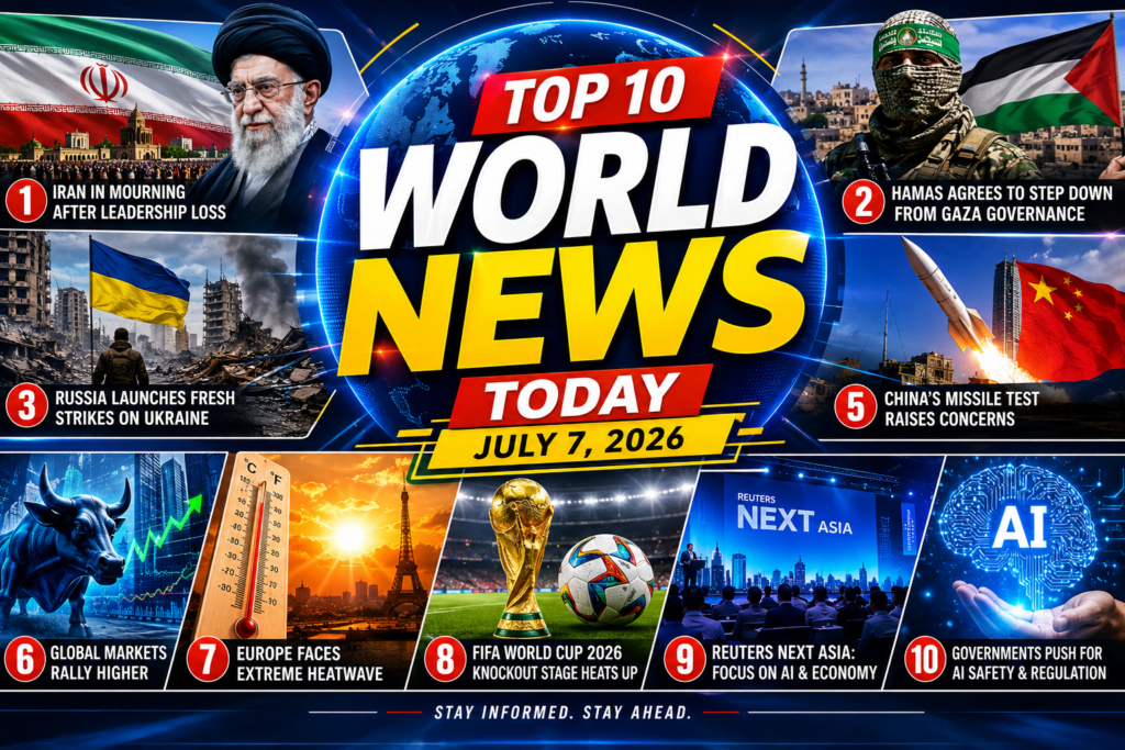 Top 10 World News Today (July 7, 2026): Middle East, Ukraine, World Cup & Global Markets World map displaying the top global news headlines for July 7, 2026.