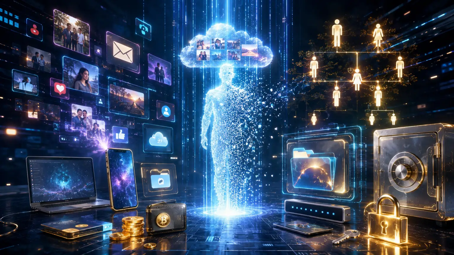 What Happens to Your Online Accounts After You Die? A Complete Guide to Your Digital Legacy A glowing human silhouette dissolves into digital particles inside a futuristic cyber world, surrounded by holographic icons representing email, cloud storage, social media, cryptocurrency, online accounts, and secure digital vaults, symbolizing digital legacy and what happens to online accounts after death.