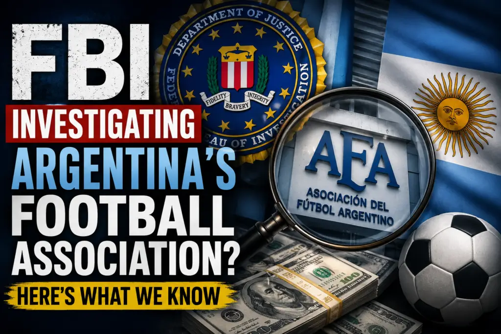 Why Is the FBI Investigating Argentina’s Football Association? Everything Explained "Illustration of an FBI investigation into Argentina's Football Association, featuring the FBI seal, Argentina flag, AFA logo under a magnifying glass, stacks of U.S. dollars, and a football, symbolizing a financial corruption probe."
